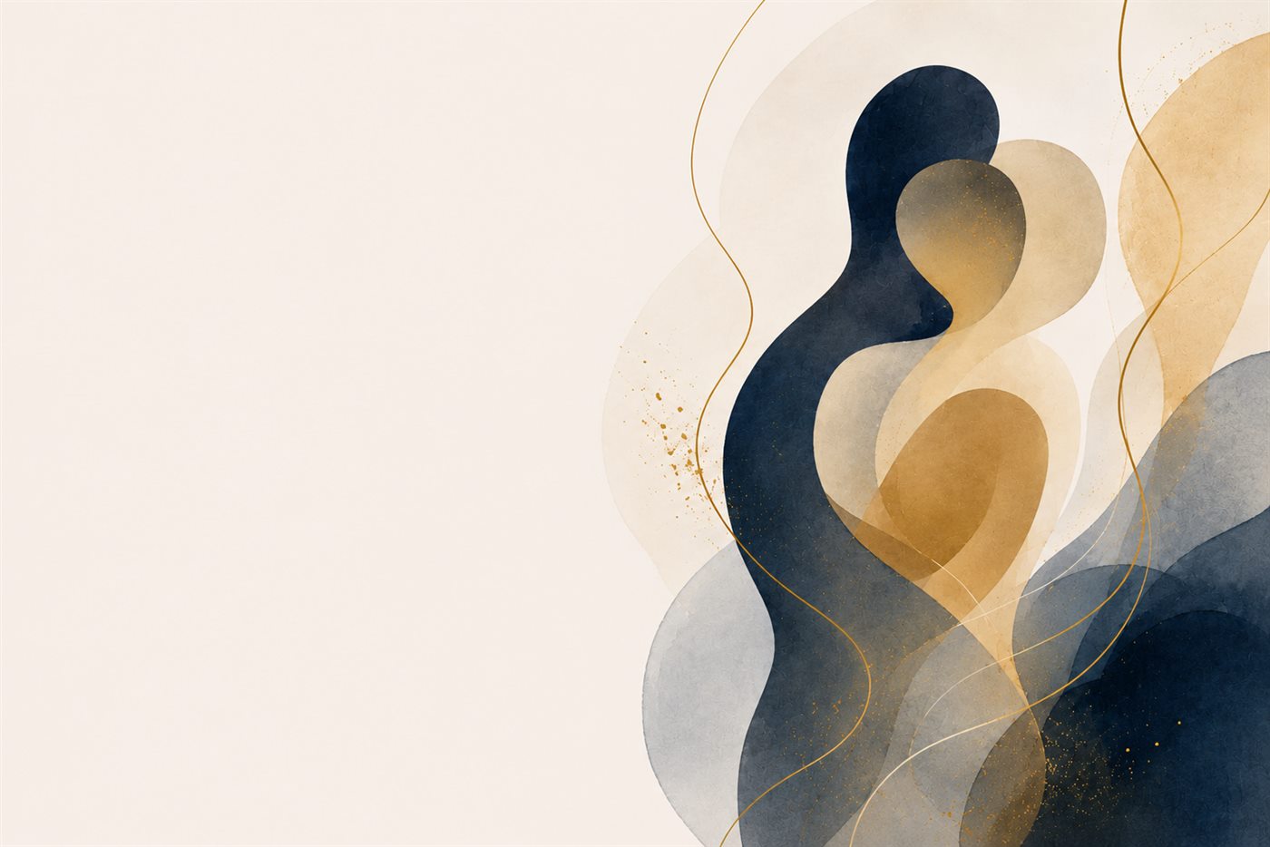 Ilustração abstrata em tons de azul-marinho e dourado representando um casal